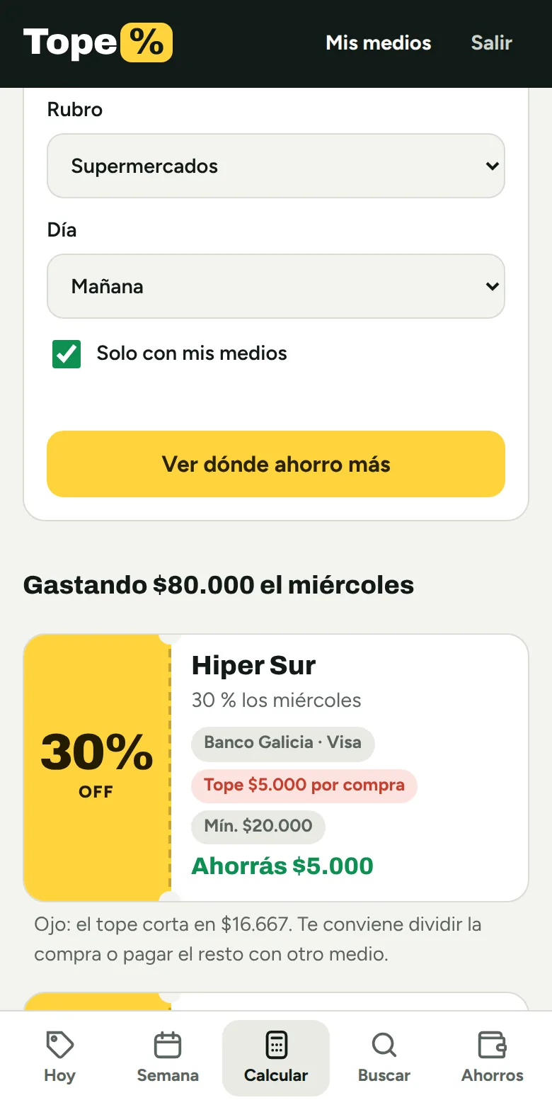 La calculadora mostrando cuánto se ahorra con cada promo