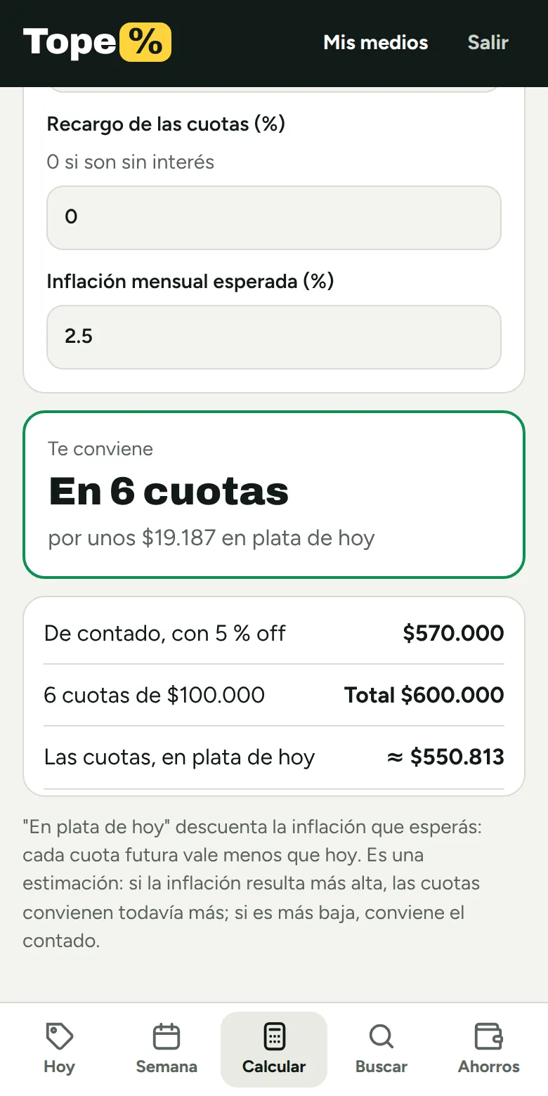 La calculadora de cuotas o contado con el resultado