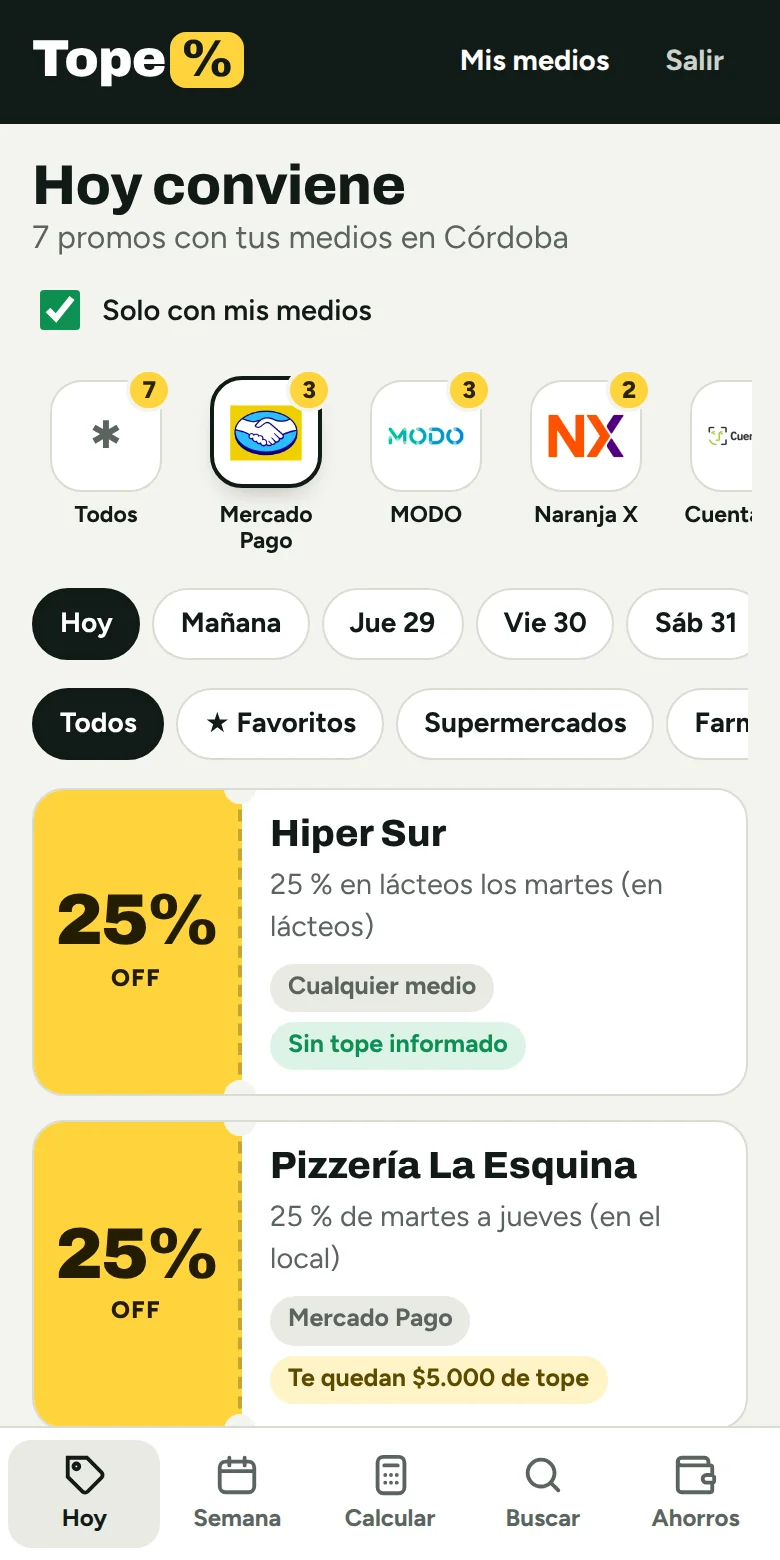 La app mostrando las promos del día filtradas por un medio de pago