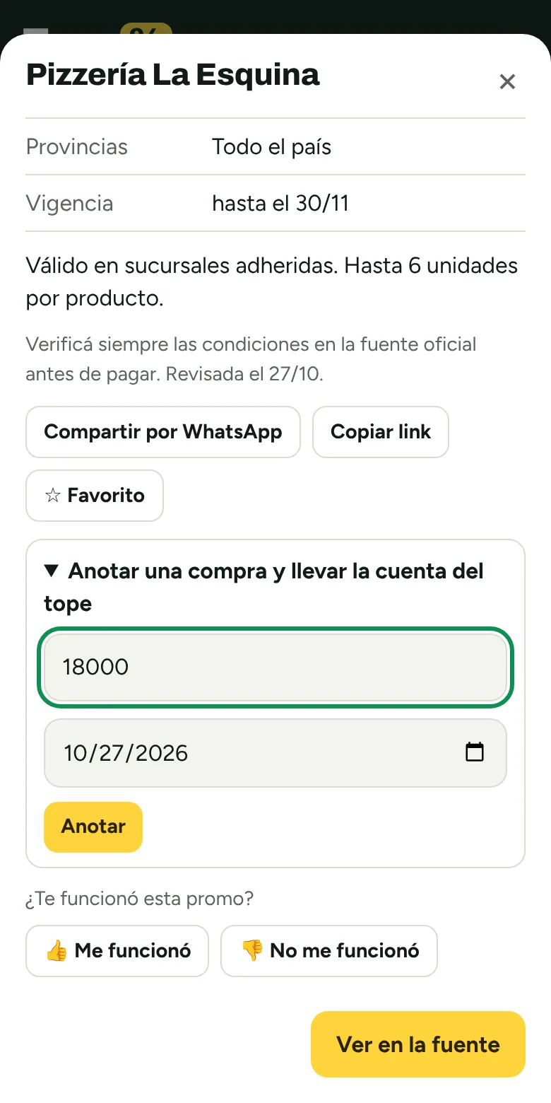 Una promo con el botón para anotar la compra